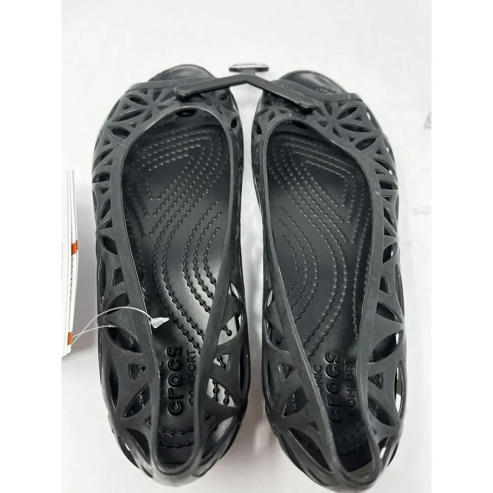 Crocs Comfort Casual Cut Out Peep Toe‎ Women's Black Flats Shoes  Sz 4 NWT
